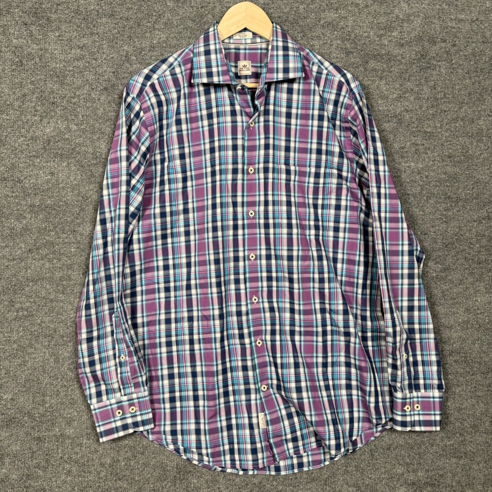 Peter Millar Mens Sz Large Shirt Purple Blue Plaid Cotton Button Up Long Sleeves
